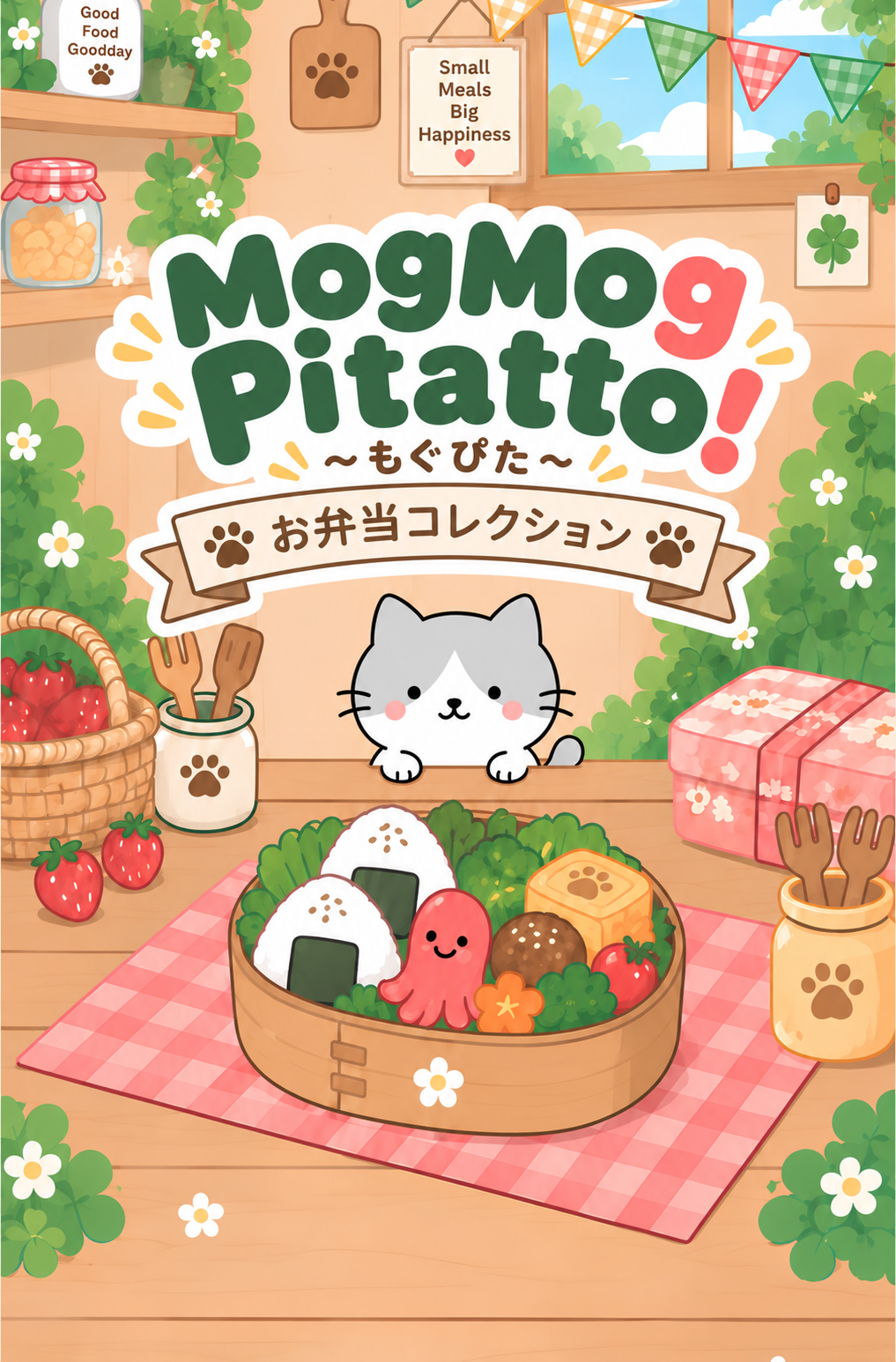MogMog Pitatto! ～もぐぴた～ お弁当コレクションのタイトル画像。木の台所にモグネコとお弁当